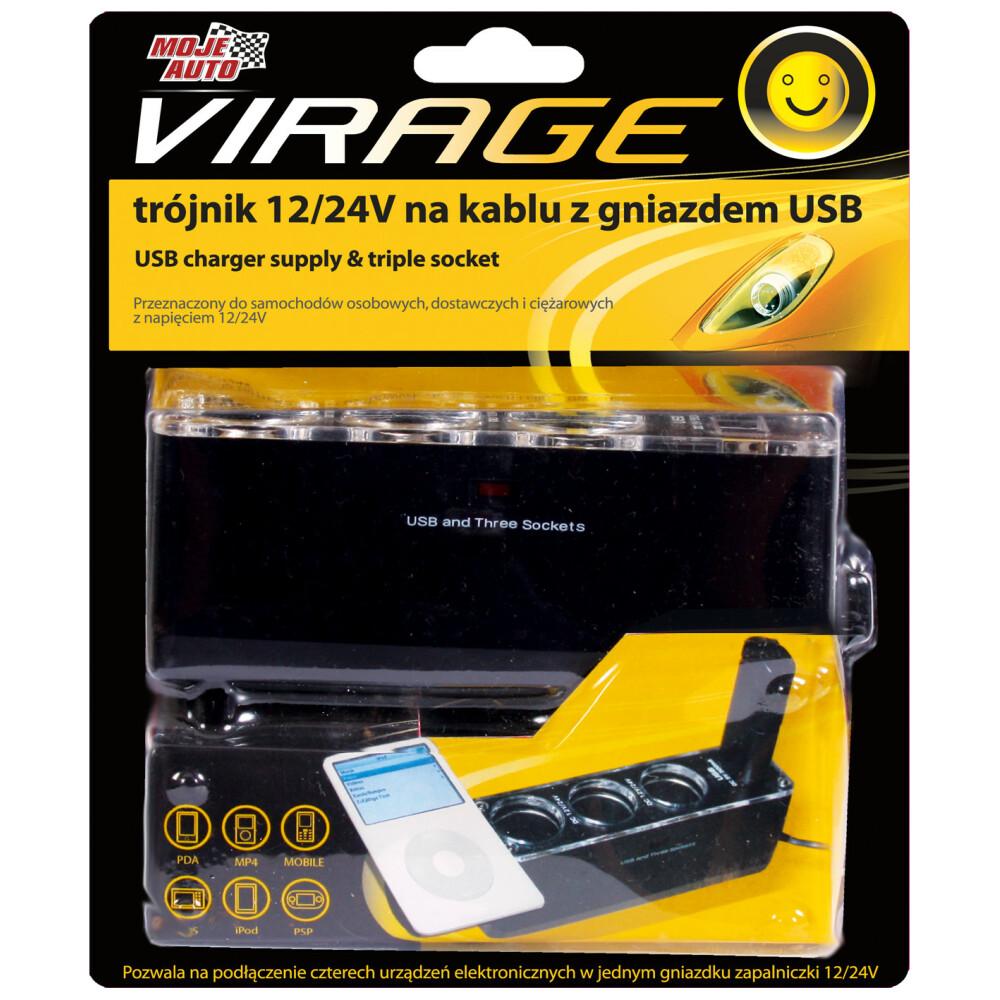 93-019 Moje Auto Virage Trójnik 12/24V na Kablu z Gniazdem USB